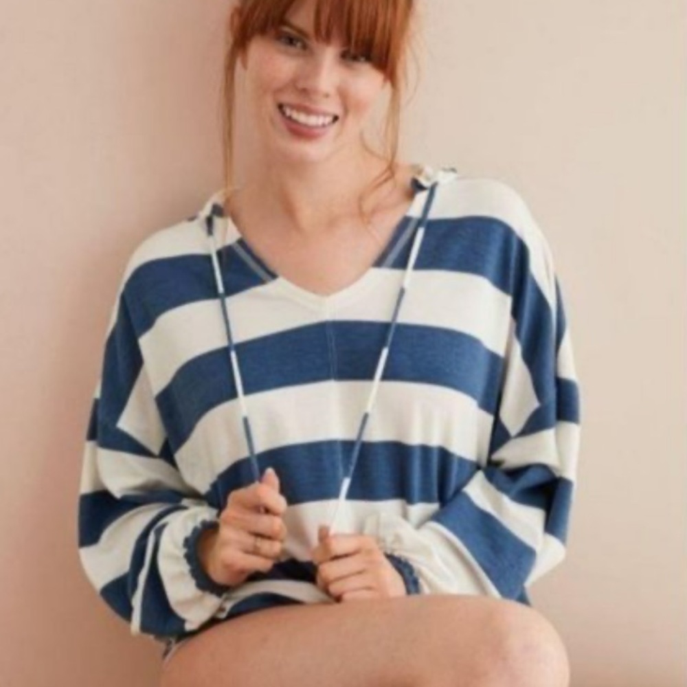 Aerie Blue White Striped Slouchy Relaxed Pullover Hoodie Sweatshirt